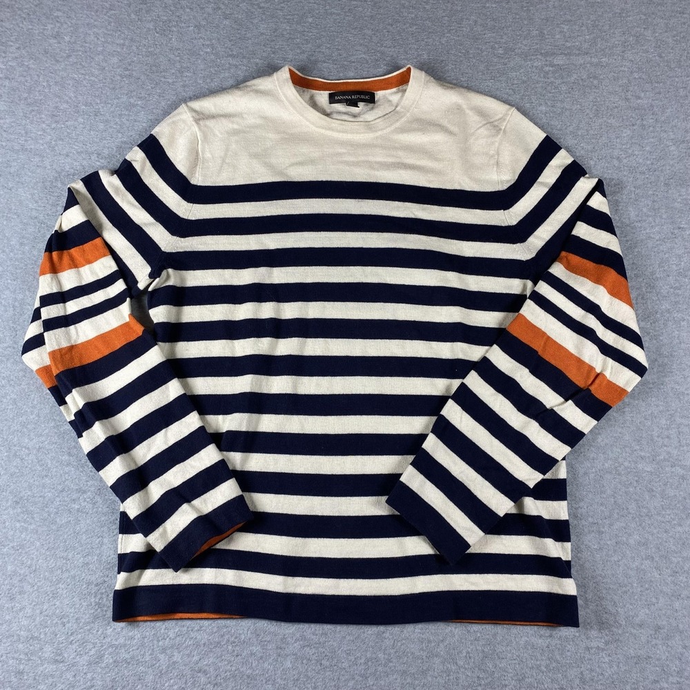 Banana Republic Sweater Mens Small Long Sleeve Navy Cream Stripe Crewneck Cotton